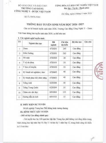 THÔNG BÁO TUYỂN SINH NĂM HỌC 2026 – 2027