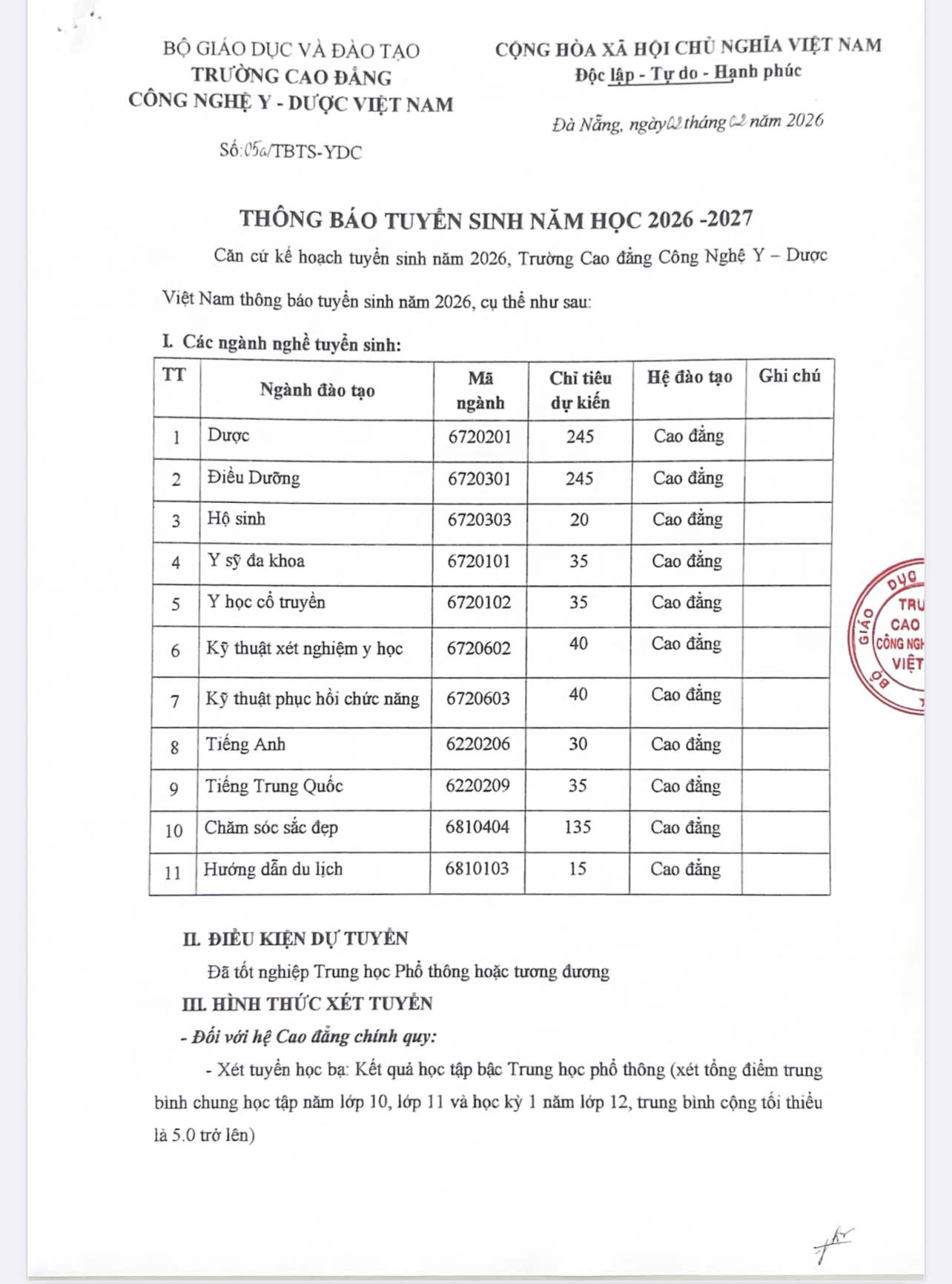 Chỉ Tiêu Tuyển Sinh Dự Kiến 2026-2027