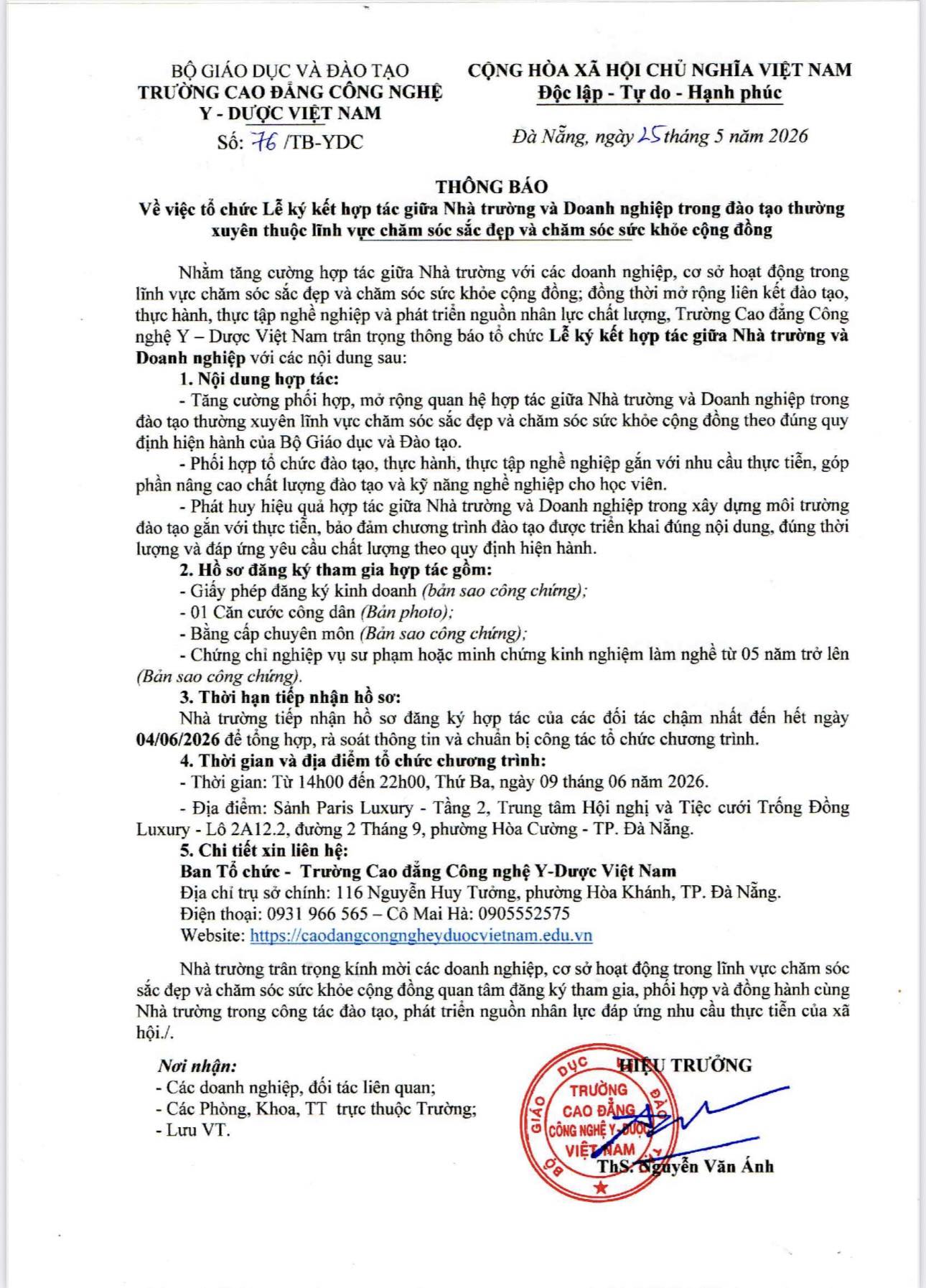 🎓🤝 TRƯỜNG CAO ĐẲNG CÔNG NGHỆ Y – DƯỢC VIỆT NAM TỔ CHỨC LỄ KÝ KẾT HỢP TÁC ĐÀO TẠO VỚI DOANH NGHIỆP