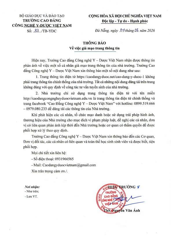 THÔNG BÁO VỀ VIỆC GIẢ MẠO TRANG THÔNG TIN CỦA TRƯỜNG CAO ĐẲNG CÔNG NGHỆ Y – DƯỢC VIỆT NAM