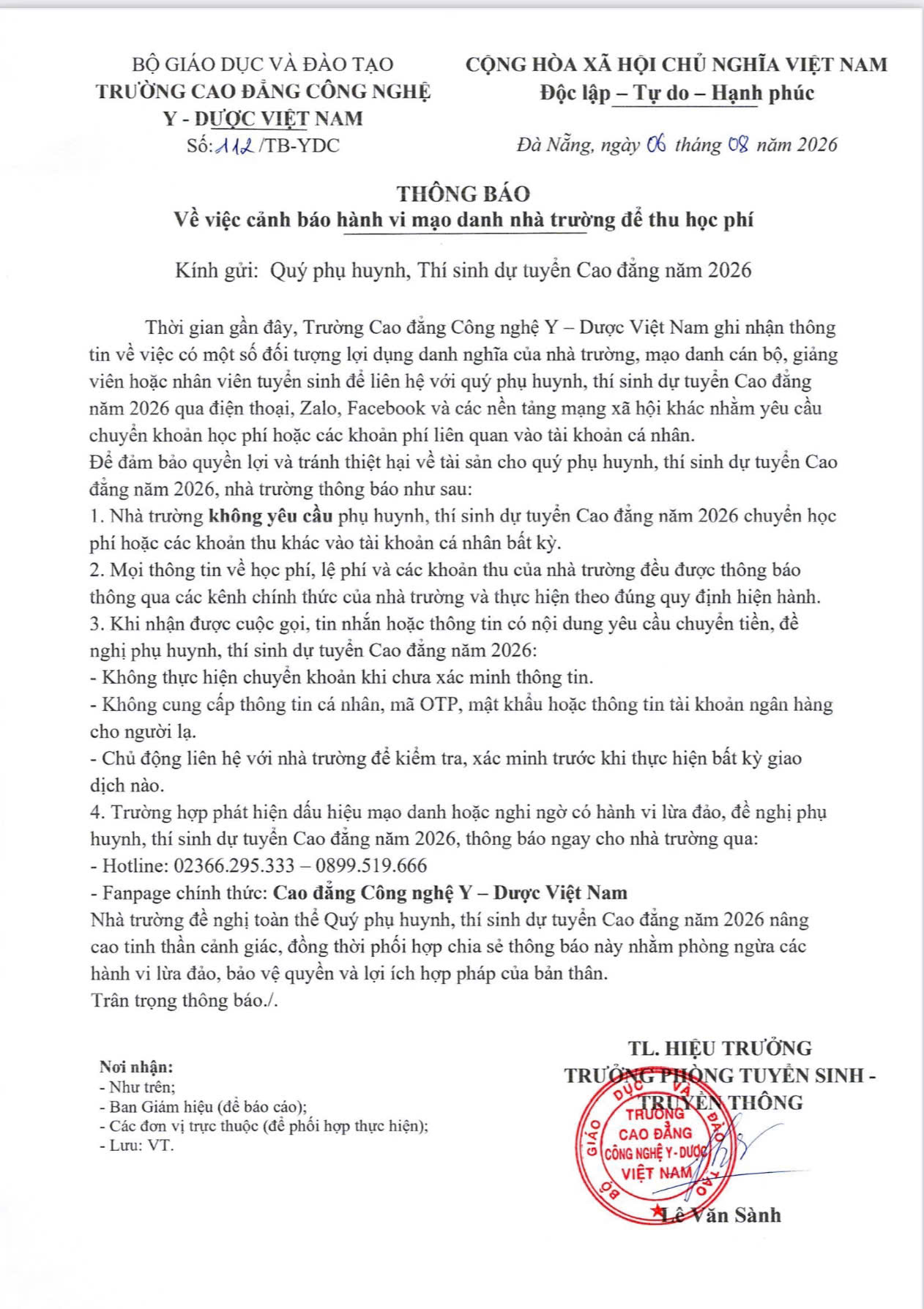 🚨 CẢNH BÁO: MẠO DANH NHÀ TRƯỜNG ĐỂ THU HỌC PHÍ – PHỤ HUYNH, THÍ SINH CẦN ĐẶC BIỆT LƯU Ý!